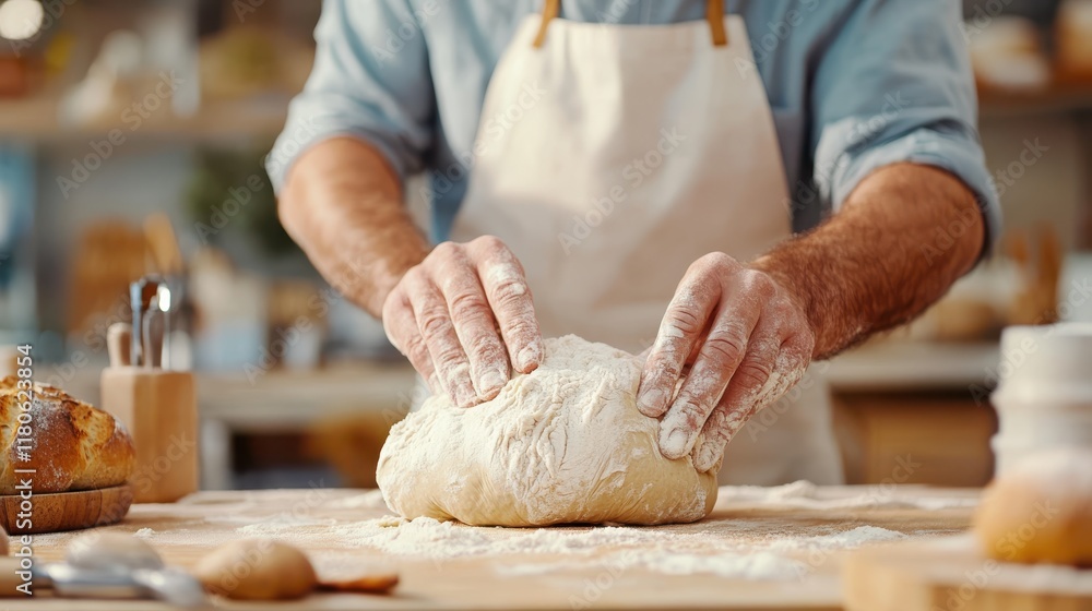 Kneading dough into a delightful loaf in a warm, rustic bakery Kneading dough into a delightful loaf in a warm, rustic bakery
