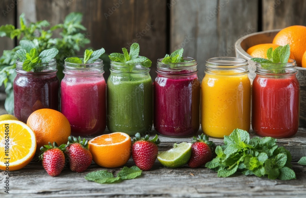 Colorful Array of Fresh Fruit Juices in Glass Jars with Mint Leaves and Fresh Fruits on a Rustic Wooden Table Surrounded by Greenery Colorful Array of Fresh Fruit Juices in Glass Jars with Mint Leaves and Fresh Fruits on a Rustic Wooden Table Surrounded by Greenery