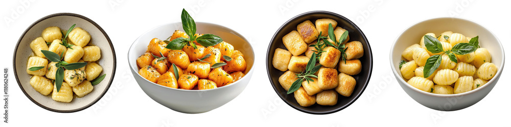 Delicious gnocchi variations in elegant bowls Delicious gnocchi variations in elegant bowls