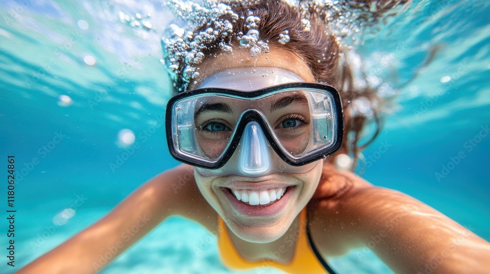 Naklejka premium Bubbles and smiles beneath the turquoise waves during a vibrant dive adventure