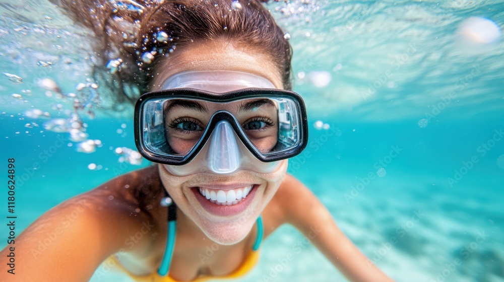 Naklejka premium Diver enjoying an underwater adventure with bubbles all around