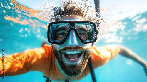 Joyful diver enjoying the underwater world with bubbles rising around photo