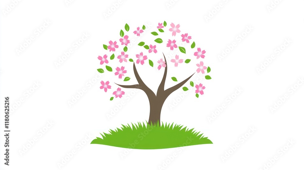 Spring blossom tree graphic on grassy hill Spring blossom tree graphic on grassy hill