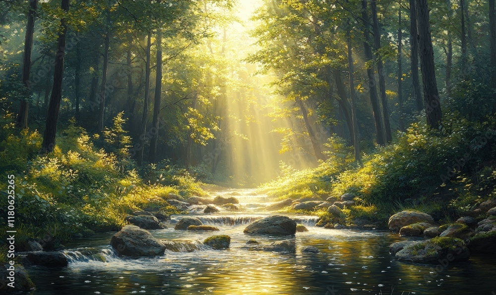 Fototapeta premium Sunlit forest stream, rocks, lush greenery.