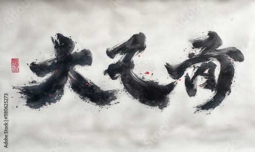 Large black brushstrokes, Asian calligraphy, textured background. photo