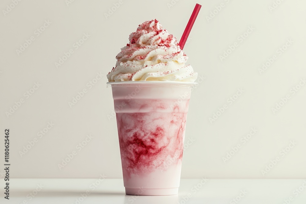 Pink swirl milkshake with whipped cream and red sprinkles; a delicious-looking beverage perfect for dessert menus, food blogs, or restaurant promotions. Pink swirl milkshake with whipped cream and red sprinkles; a delicious-looking beverage perfect for dessert menus, food blogs, or restaurant promotions.