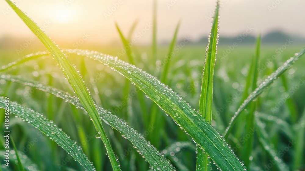 Morning sunlight reflects off dew-covered grass blades in a tranquil setting, showcasing nature's beauty at dawn Morning sunlight reflects off dew-covered grass blades in a tranquil setting, showcasing nature's beauty at dawn