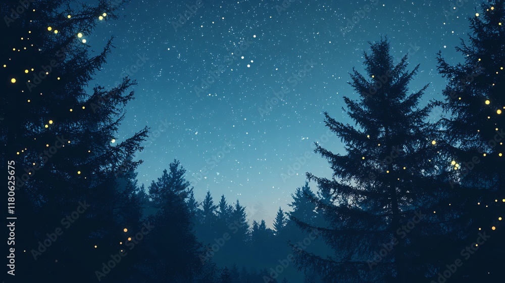 Fototapeta premium Enchanting Night Sky Over Dark Forest with Stars and Fireflies Illuminating a Serene Natural Landscape and a Mystical Atmosphere Ideal for Relaxation and Inspiration