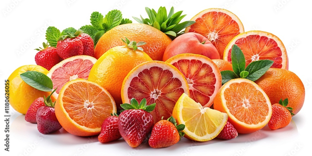 Naklejka premium Fresh Fruit Display - Colorful Oranges, Strawberries & Grapefruits
