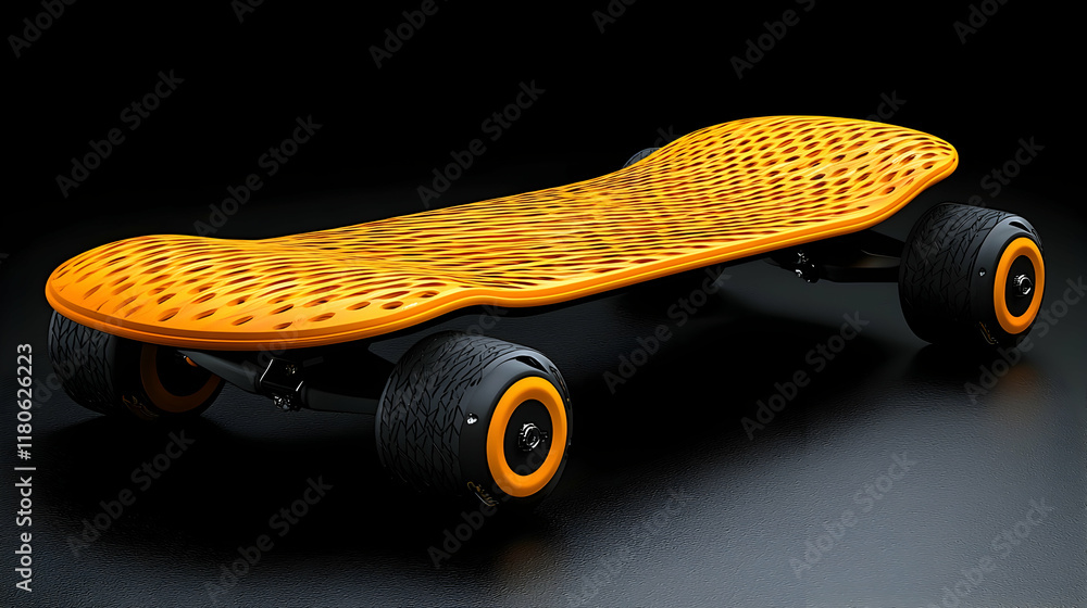 Naklejka premium Electric skateboard, studio shot, black background, futuristic design, product photography.