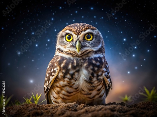 Buenos Aires night: A burrowing owl's piercing gaze, captured in stunning wildlife photography. photo