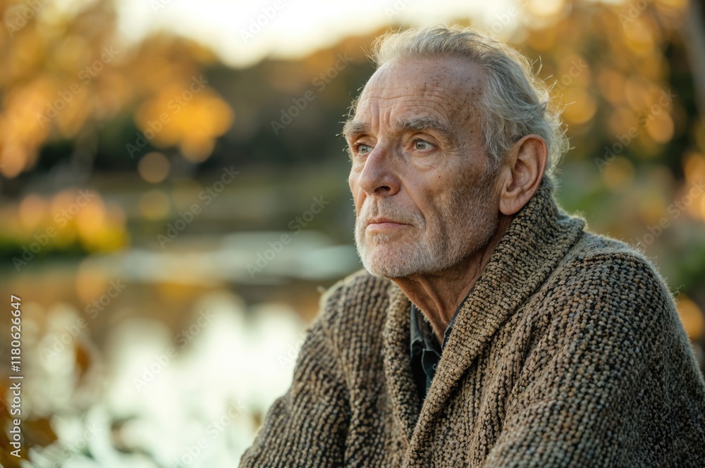 An elderly man sits pensively by a serene pond, surrounded by golden autumn leaves. The soft warm glow of dusk highlights his thoughtful expression, evoking deep reflection and tranquility. An elderly man sits pensively by a serene pond, surrounded by golden autumn leaves. The soft warm glow of dusk highlights his thoughtful expression, evoking deep reflection and tranquility.
