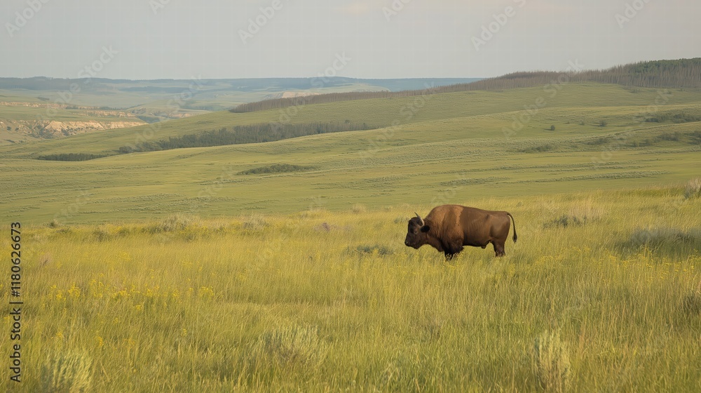 Bison Grazing in a Serene Green Landscape Bison Grazing in a Serene Green Landscape