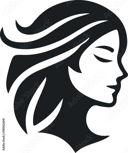 sketch silhouette icon logo symbol face of modern woman with long hair as a symbol of beauty