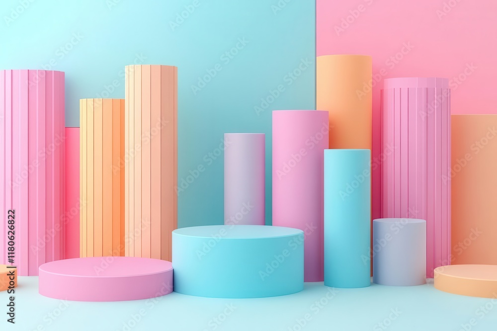 A vibrant arrangement of colorful geometric shapes set against a pastel background, showcasing cylinders and circles in soft hues. A vibrant arrangement of colorful geometric shapes set against a pastel background, showcasing cylinders and circles in soft hues.