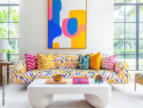 Naklejka Vibrant maximalist living room with bold patterns and colors