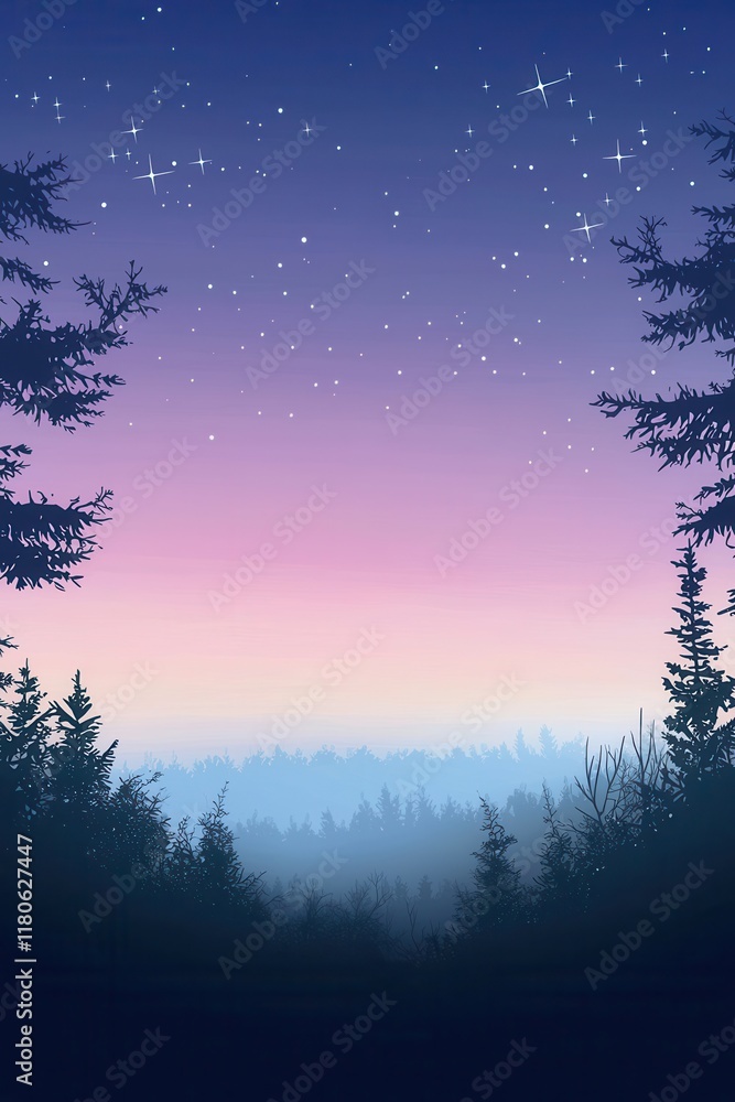 Naklejka premium Enchanting Twilight Forest Scene with Starry Night Sky