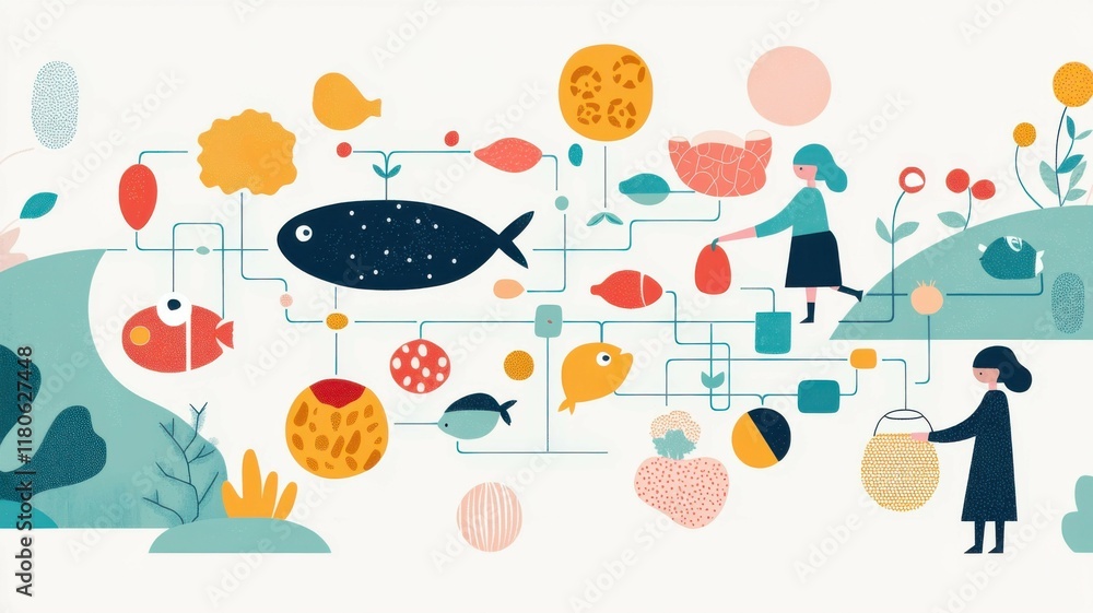 Fototapeta premium A colorful illustration depicting people interacting with various fish and plants in a whimsical, nature-inspired setting.