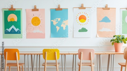 A bright, modern classroom with colorful art on the walls, showcasing nature scenes and a world map, complemented by cheerful seating.