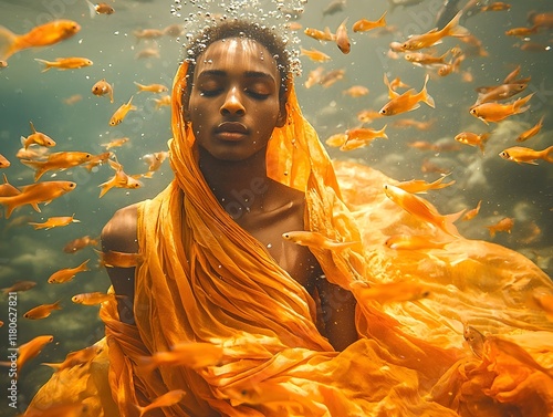 Vibrant Underwater Portrait of Person in Traditional Attire with Flowing Garments and Darting Fish photo