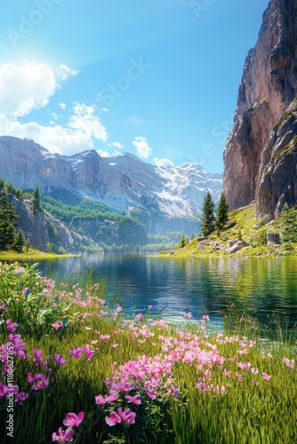 Serene Alpine Lake Reflects Majestic Mountains and Blooming Wildflowers