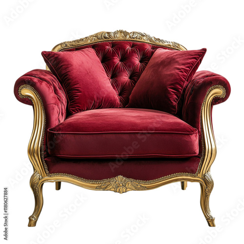 Classic vintage red armchair with tufted velvet upholstery and carved wooden legs isolated on transparent background. photo