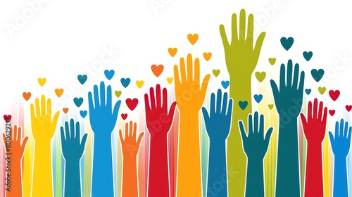 Many hands raised with hearts in a vector flat illustration on a white background, symbolizing love, unity, and community.