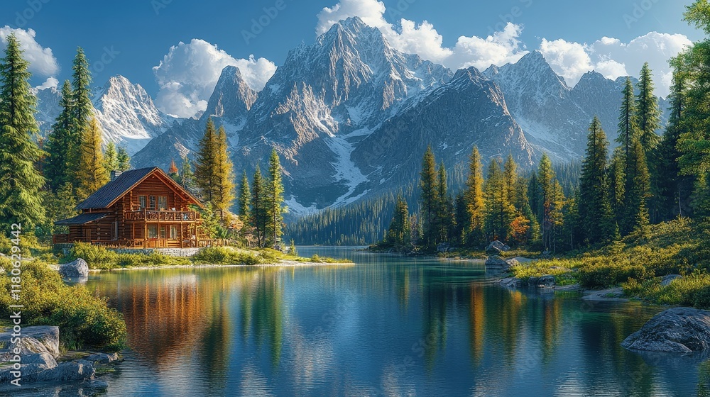 Fototapeta premium Secluded cabin, serene lake, majestic mountains.