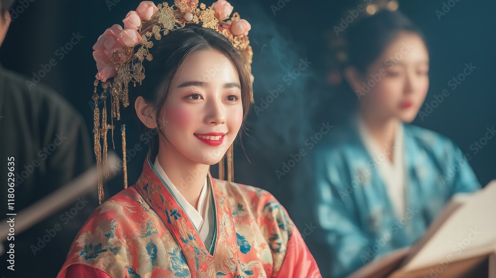 Fototapeta premium Smiling Young Woman in Traditional Attire