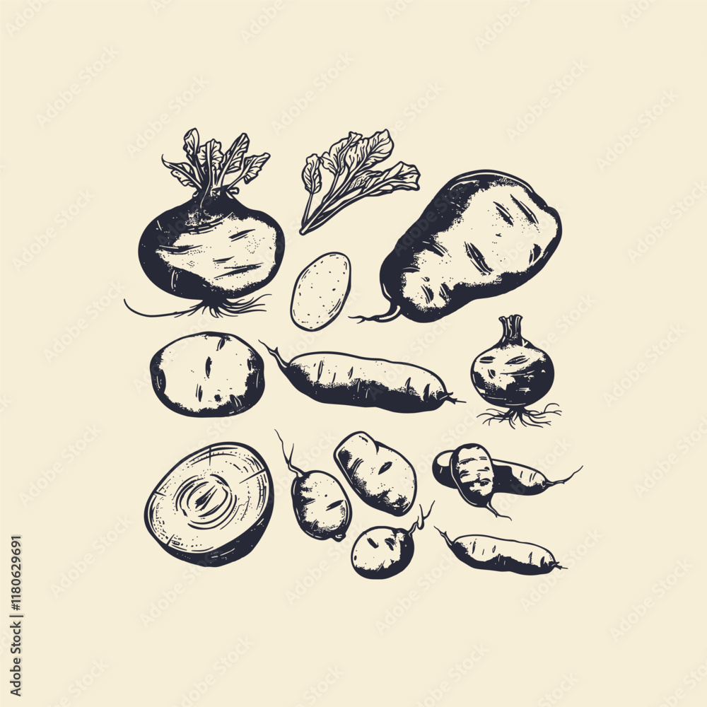 Obraz premium set of tubers hand drawn engraving design vector template