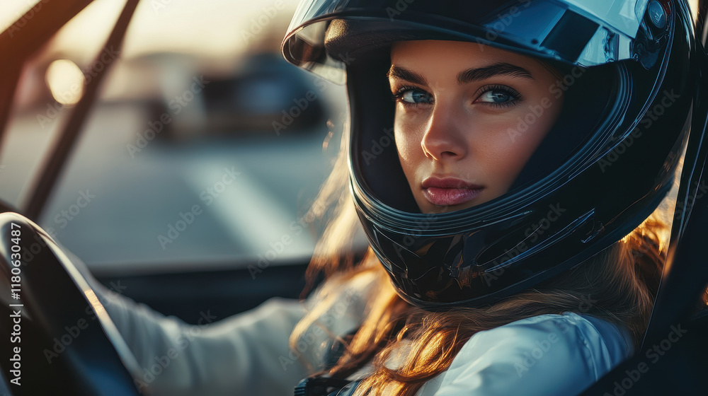 A young woman in racing gear inside race car A young woman in racing gear inside race car