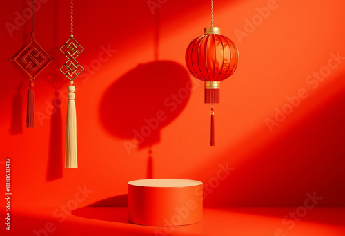 Chinese Pedestal Platform Mockup with Traditional Lanterns and Tassels photo