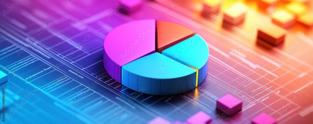 Fototapeta premium A vibrant pie chart on a colorful digital background, representing data visualization and analytics.