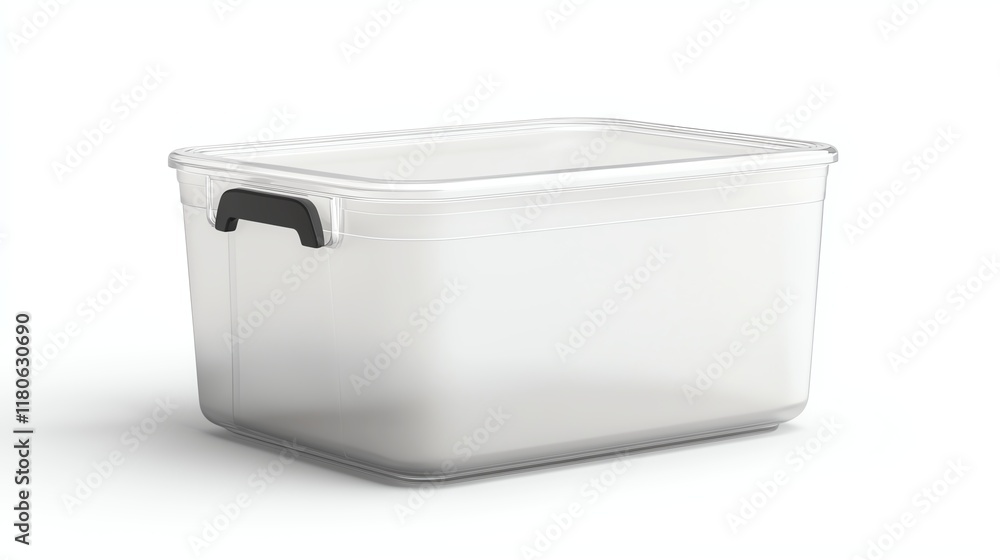 Stackable Storage Bin A stackable plastic storage bin with a clear body and a hinged lid Isolated on white background