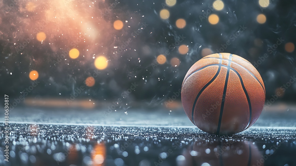 Fototapeta premium Basketball Night: Lone Ball on Wet Court, Dramatic Lighting