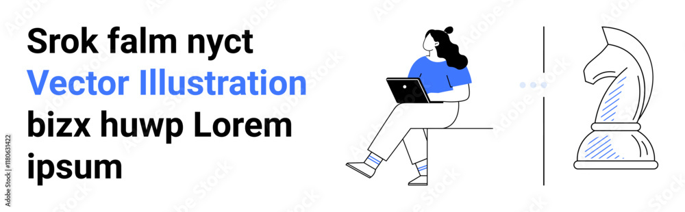 Woman sitting with a laptop, text block, and a chess knight piece, representing technology, business, strategy, and innovation. Ideal for business presentations, websites, and educational content Woman sitting with a laptop, text block, and a chess knight piece, representing technology, business, strategy, and innovation. Ideal for business presentations, websites, and educational content