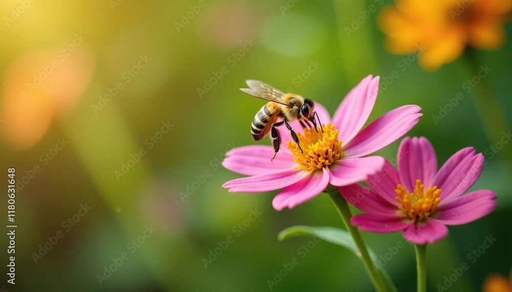 A bee flies from one colorful flower to another collecting nectar and pollen, insect life, summer, bee A bee flies from one colorful flower to another collecting nectar and pollen, insect life, summer, bee