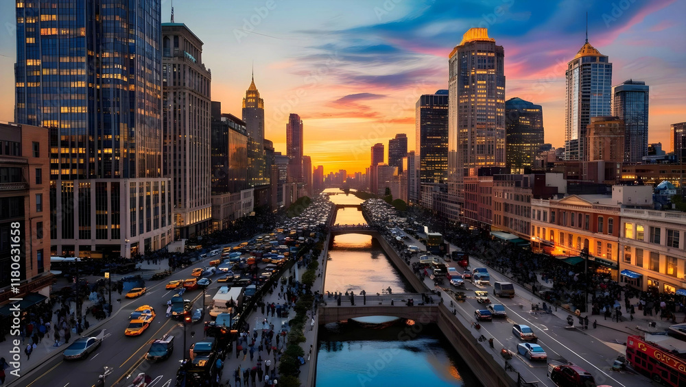 Fototapeta premium A bustling cityscape at sunset with skyscrapers glowing in the golden hour light, busy streets filled with people and cars, and a river running through the city reflecting the colorful sky