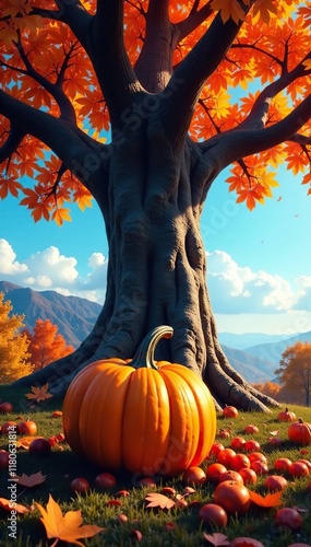 A fallen pumpkin lies at the base of a towering tree against a blue sky, foliage, background, decor photo