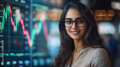 Full-body photograph of a beautiful, smiling young Indian woman wearing glasses, standing in front of a stock market chart on a black background