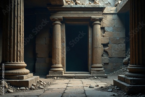 Ancient temple doors creak open to reveal secrets, crumbling, mysterious