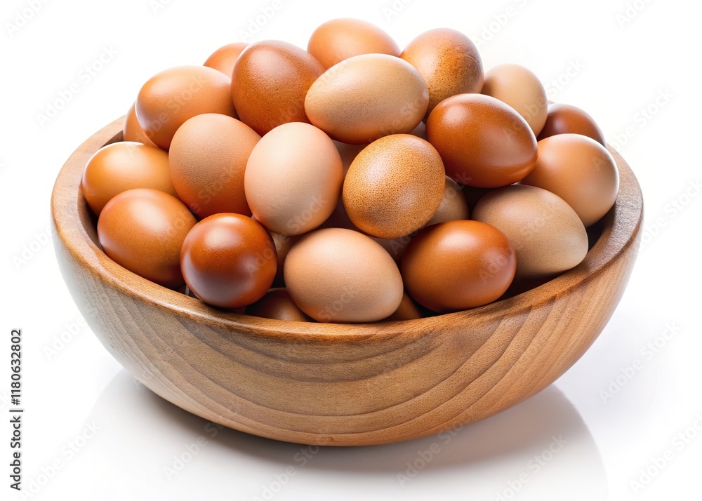 High-angle shot of a wooden bowl holding eggs. High-angle shot of a wooden bowl holding eggs.