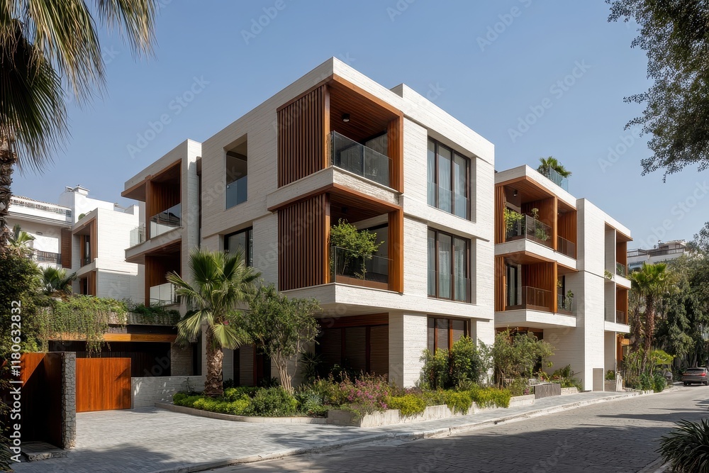 Obraz premium Modern apartment building with wooden accents and balconies. Ideal for real estate, architecture, and urban lifestyle websites.