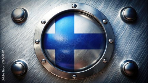 Finnish Flag, Metal Round Flag, Deep Depth of Field, Screw Detail, Finnish National Flag, Metallic Finnish Flag, Round Finnish Flag,  High-Resolution photo