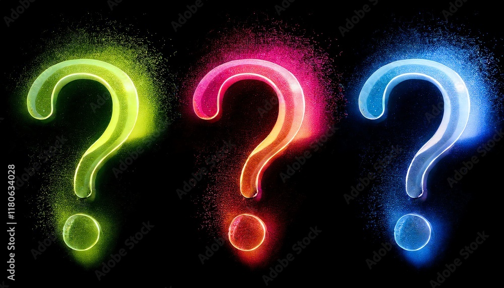 A vibrant display of three colorful question marks in green, pink, and blue against a dark background, symbolizing curiosity and inquiry. A vibrant display of three colorful question marks in green, pink, and blue against a dark background, symbolizing curiosity and inquiry.