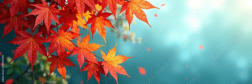 Colorful maple leaves in a dense thicket of foliage against a blue green and white backdrop, colorful, white Colorful maple leaves in a dense thicket of foliage against a blue green and white backdrop, colorful, white