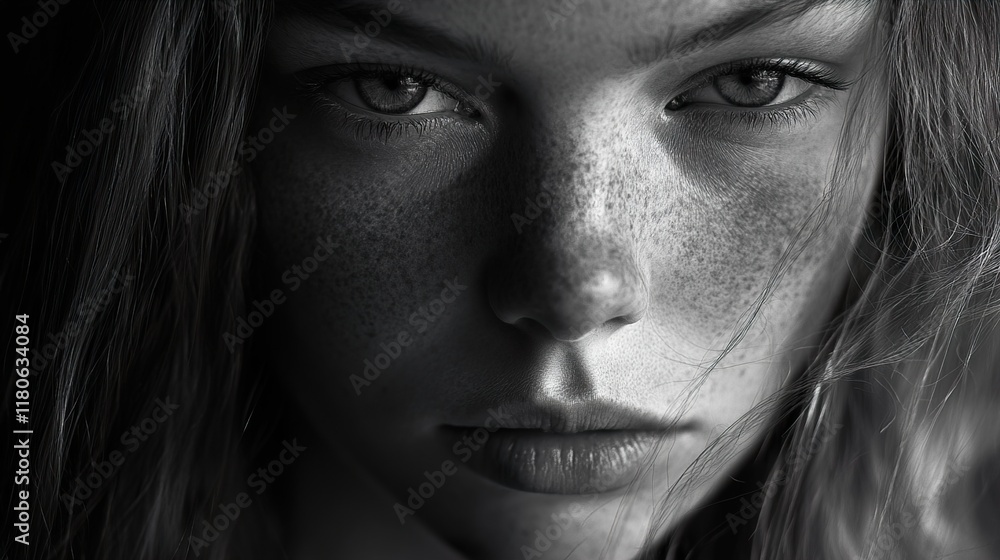 Intense Monochrome Portrait of a Woman with Freckles Intense Monochrome Portrait of a Woman with Freckles