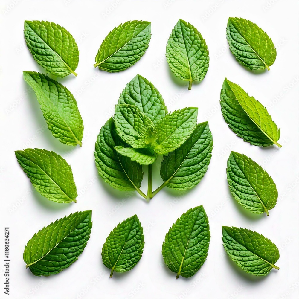 Set of green mint leaves isolated on white, top view Set of green mint leaves isolated on white, top view