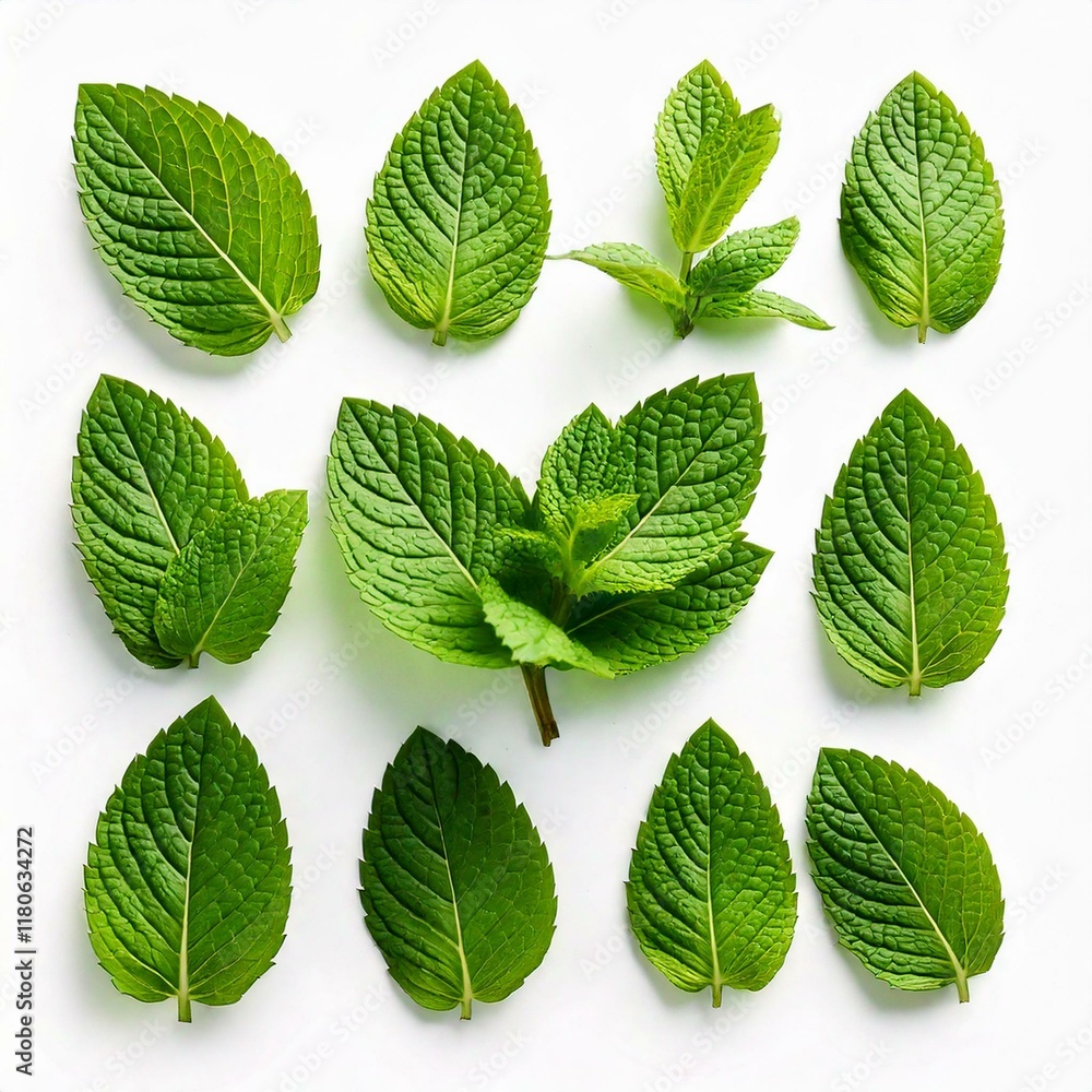Set of green mint leaves isolated on white, top view Set of green mint leaves isolated on white, top view