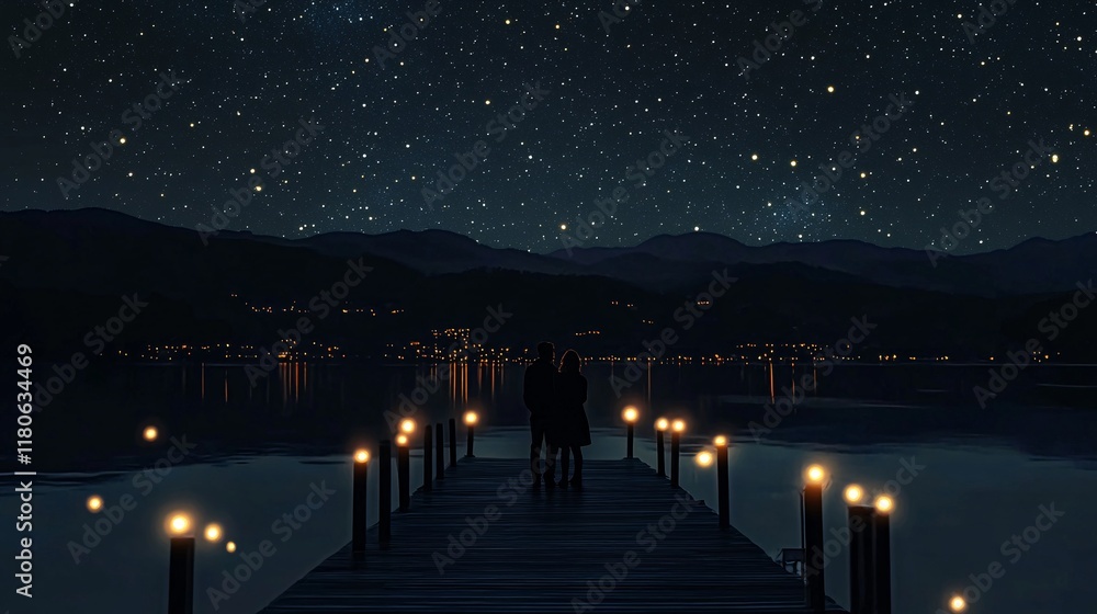 Romantic Evening on a Dock with a Starry Sky and Reflections in Water, Capturing the Beauty of Nature and Connection Between Two People at Night Romantic Evening on a Dock with a Starry Sky and Reflections in Water, Capturing the Beauty of Nature and Connection Between Two People at Night